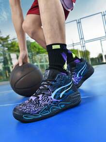 1 Pair Men's Basketball Shoes, Contrasting Red & Green Color, Breathable, Anti-Slip, Wear-Resistant, Outdoor Training, Lightweight Running Sneakers - Black Purple - View 4