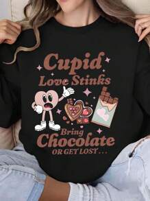 Women's Fashion Hoodie Sweatshirt With Love Valentine's Day Print Design, Casual Long Sleeves, Regular Fit, Hooded Pullover For Spring/Fall Season - 黑色 - 查看 1