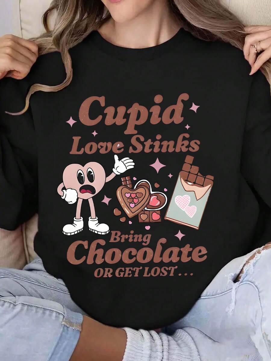 Women's Fashion Hoodie Sweatshirt With Love Valentine's Day Print Design, Casual Long Sleeves, Regular Fit, Hooded Pullover For Spring/Fall Season - 黑色 - 查看 1