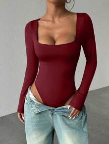 Bodysuit Leotard Shaper Square Neck Long Sleeve Foreign Fashion Blogger Fashion - 酒紅色 - 查看 2