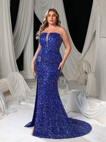 Faeriesty Robe de soirée sirène sans bretelles grande taille avec fente haute à la jambe et ornements pailletés et perlés, robe de soirée, robe pour invité de mariage, robe de cérémonie, robe de soirée