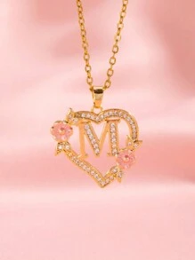 1 件心形花卉字母项链个性化心形花卉 26 个字母吊坠项链适合女孩的生日