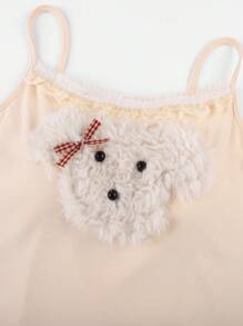 2 件套女士无袖宽松睡衣套装，包括无袖圆领衬衫，带有毛绒小狗刺绣和蕾丝花边，以及全身印花熊和蝴蝶结长裤，舒适、吸湿排汗，适合春秋休闲装