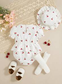 Summer Baby Girls' Cute Cherry Print Bodysuit & Floral Lace Sun Hat & Bow Socks 3pcs Outfit Set - White - View 2