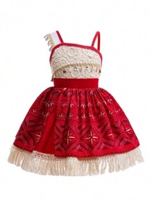 Young Girls Spaghetti Strap Tassel Princess Dress, Suitable For Parties, Fabric And Pattern Randomly Assorted - Red - View 1