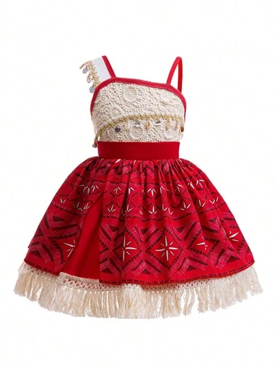 Young Girls Spaghetti Strap Tassel Princess Dress, Suitable For Parties, Fabric And Pattern Randomly Assorted