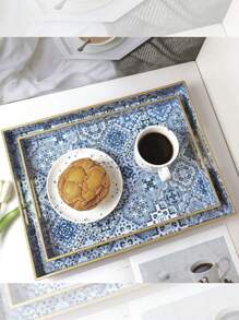 Bandejas decorativas de estilo bohemio azul de plástico con asas para decoración de mesa de café, bandeja de almacenamiento de escritorio para joyas, perfumes, organizador de bandejas otomanas estilo boho, accesorios de cocina, decoración de cocina, bandeja para frutas
