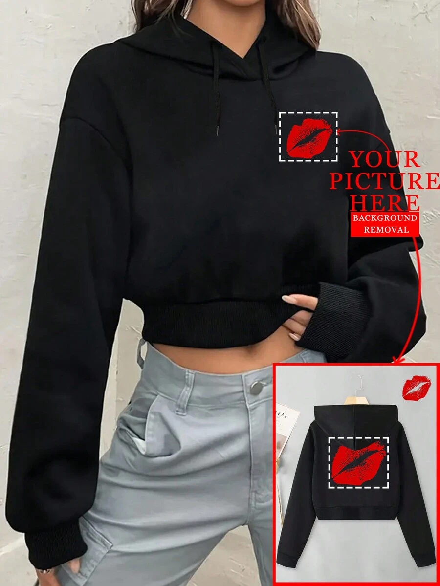 Moletom Cropped Personalizado para Mulheres, Personalizável com Logo, Foto, Texto, Logo do Clube, Logo do Grupo de Viagem, Nome, Foto de Estimação, Foto da Família, Ornamental, Cachorro, Único, Personalizado, Presentes Ideais para Ela, Família, Amigos, Meninas Rosa, Para Feriados, Para Férias, Para Aniversários, Preto Primavera - Preto - Visão 1