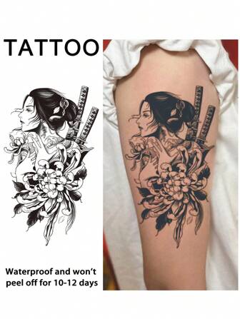 1Pc Geisha Temporary Tattoos Waterproof Sweatproof Last For 1-2 Weeks Realistic Herbal Juice Anti-Friction Non-Reflective Faux Black Fake Tattoos For Woman And Men Tattoo Stickers For Arm, Chest, Leg, Abdomen, Waist Modernist Body Art