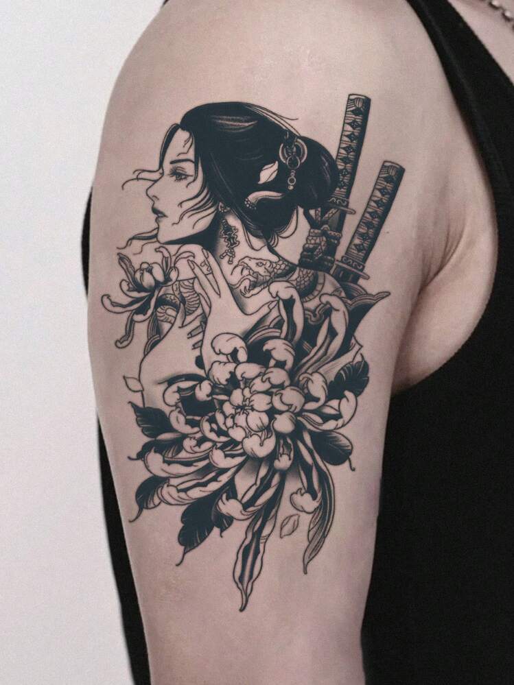 1Pc Geisha Temporary Tattoos Waterproof Sweatproof Last For 1-2 Weeks Realistic Herbal Juice Anti-Friction Non-Reflective Faux Black Fake Tattoos For Woman And Men Tattoo Stickers For Arm, Chest, Leg, Abdomen, Waist Modernist Body Art - Black - View 2