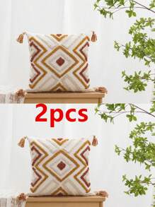1pc/2pcs Geometric Rhombus Pattern Throw Pillow Case, Canvas & Chenille Material With Tassels, Bohemian And Modern Style For Bedroom, Living Room, Sofa, Car, All Season Use, 30*50cm, 45*45cm