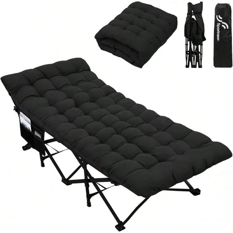 Cama de camping: Camas plegables de camping para adultos de doble capa 1200D Oxford - Camas plegables resistentes para camping, viajes, tiendas de campaña, días al aire libre y huéspedes en el hogar, con colchón, bolsa de transporte y 2 bolsillos - Negro - Ver 1