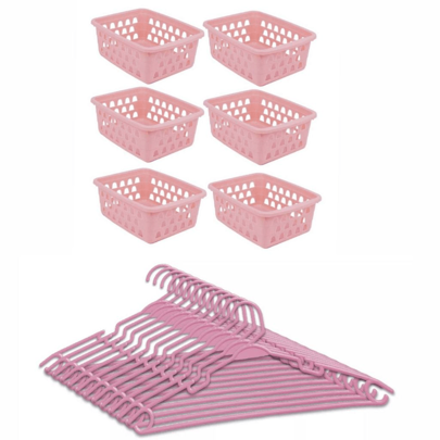 Kit organizador 10 cabides infantil e 6 cestos organizador branco rosa azul