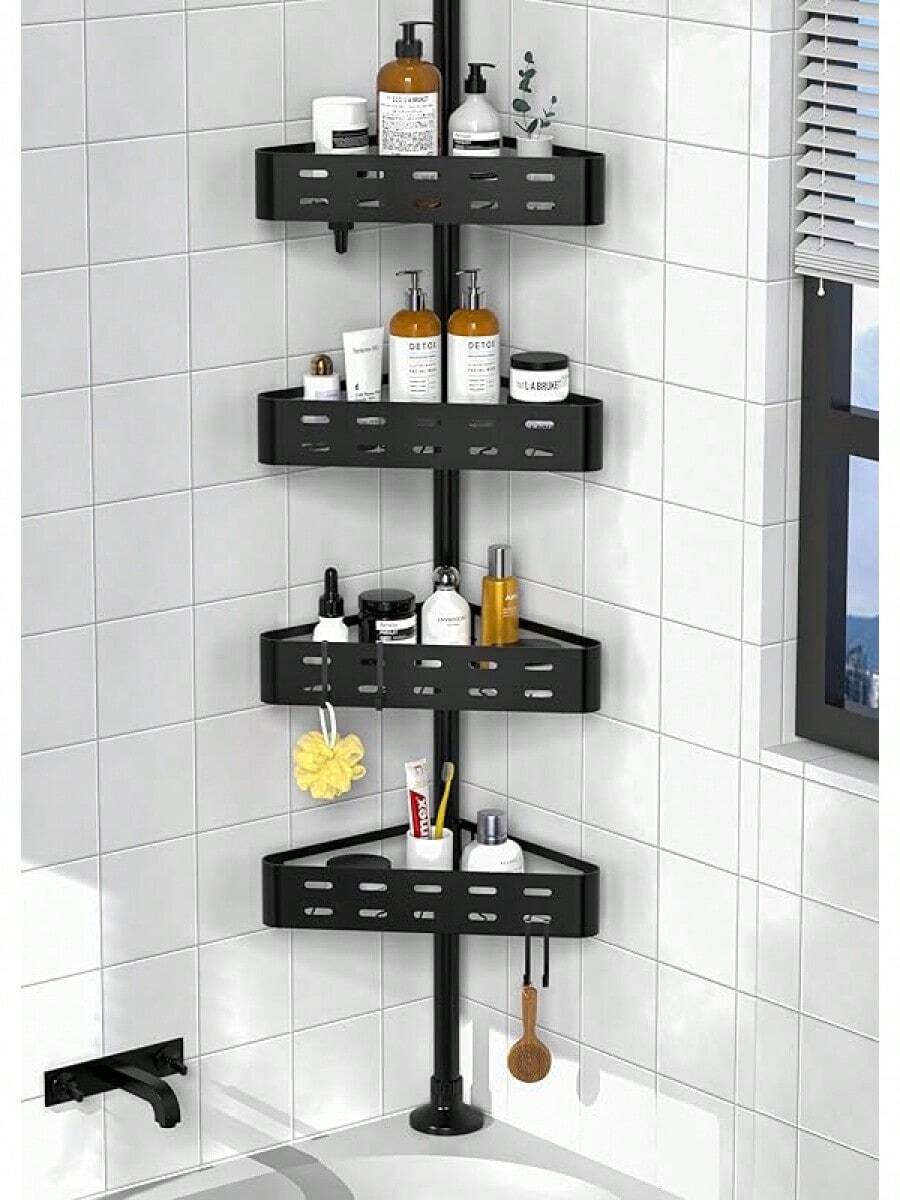 KEGII Corner Shower Caddy Tension Pole, 4-Tier Shower Tension Rod Organizer, Floor To Ceiling Shower Caddy 25-114.2 Inch, Towel Rack Corner Waterproof (White) - 黑與白 - 查看 1