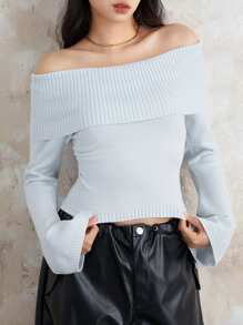 Women's Sexy Off Shoulder Sweater, Long Sleeved Solid Color Knitted Pullover, 100% Nylon, Vintage Woven Round Neck Top, Size: S/M/L