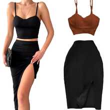 BLACK TOP AND SKIRT WITH LEG SLIPPING Fitted Strappy Top - Brown - View 4