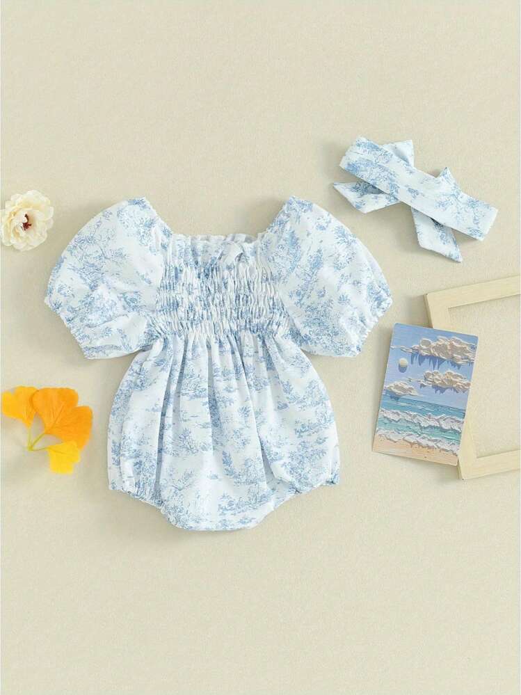 Monos para niñas con estampado floral y mangas abullonadas fruncidas, ropa de verano para bebés, monos para bebés con diadema - Azul - Añade 2