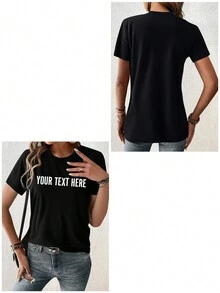 Women Short Sleeve T-Shirt, Personalized Text Name, Women's Black Top For Spring Summer, Valentine's Day, Christmas, Birthday, Graduation Gift Casual - Black - View 3