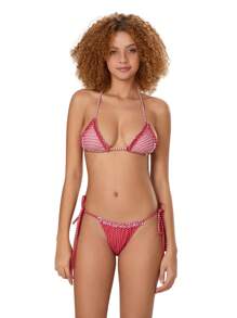 Women Y2k 2 Piece Bikini Set Halter Ruffle Trim Tie Up Bra Top With Side Tie Triangle Bikini Bottom Bathing Suit