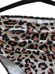 Female Two-Piece Bathing Suit, Solid Color Spaghetti Strap Bikini Tops+ Leopard Print Bikini Panties, S/M/L/XL/XXL - Black - View 6