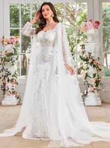 UNITHORSE 女士甜心领大灯笼袖亮片刺绣蕾丝网布白色鱼尾婚纱礼服，新娘全白派对服装女士 - 白色 - 查看 5