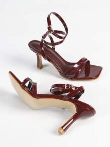 Giày sandal cao gót thời trang màu trơn mùa xuân/hè dành cho nữ, kiểu dáng quai ngang mắt cá chân, gót mảnh, hở mũi, quai chéo. - Màu Đỏ Sâu - Xem 3