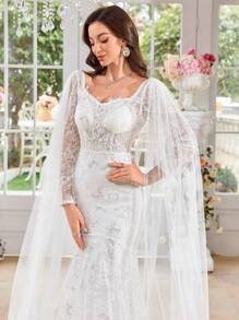 UNITHORSE UNITHORSE Women's Sweetheart Collar Big Lantern Sleeve Sequin Embroidery Lace Mesh Patchwork White Fishtail Wedding Dress Gown,Bride, All White Party Outfit Women