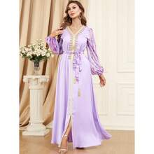 Muslim Clothing New Style Splicing Bubble Long Sleeve Dress - Purple - View 3