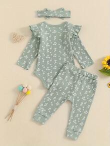 Ropa para bebé recién nacido, niña, con estampado floral acanalado, volantes, manga larga, mono, pantalones, diadema, conjunto de 3 piezas con flores bonitas para otoño e invierno - Verde - Ver 2