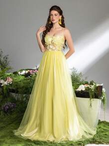 Faeriesty Elegant Tie Back Floral Applique Bodice Mesh Prom Dress, Evening Dress, Party Dress, Wedding Guest Dress, Formal Dress - Yellow - View 5