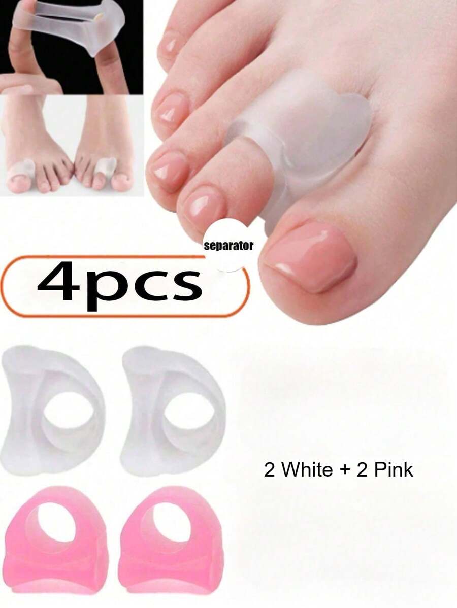 4pcs White And Pink Silicone Toe Separators, Soft Bunion Toe Separators, Waterproof, Wear-Resistant, Suitable For Sports And Daily Foot Care, Toe Protectors