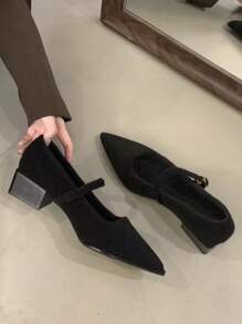 黑色条纹扣中跟尖头舒适百搭日常时尚女孩和青少年高跟鞋 - 黑色 - 查看 3