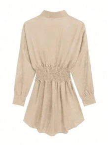 女士时尚翻领衬衫裙，纯色褶皱腰身长袖修身轻薄衬衫裙，春夏优雅款 - 卡其色 - 查看 6