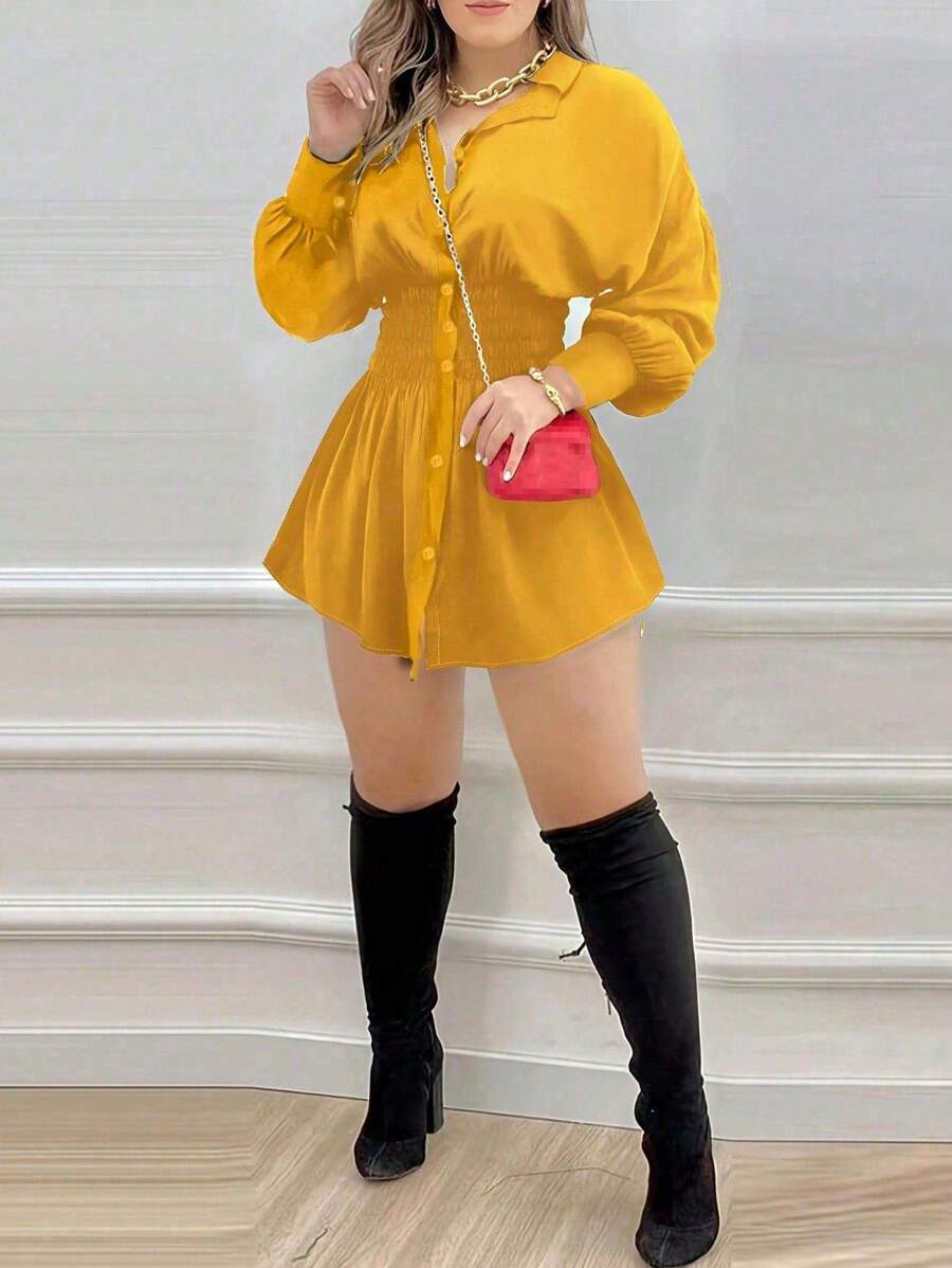 Đầm sơ mi cổ bẻ thời trang nữ, màu trơn, eo nhún, tay dài, dáng ôm nhẹ, kiểu dáng thanh lịch mùa xuân/hè. - Màu vàng - Xem 1