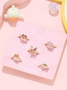 5 件套女孩可爱蝴蝶和彩虹设计戒指套装，适合日常、派对、儿童礼物 - 金色 - 查看 6