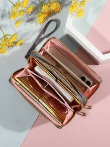 Classic Wallet - Large Capacity Clutch Wallet With Zipper 8 Card Slots & Multiple Compartments Elegant Wrist Strap Patchwork Color Block For Women Wallet Purse Wallet Long Wallet Wristlet Wallet - Grey - View 6