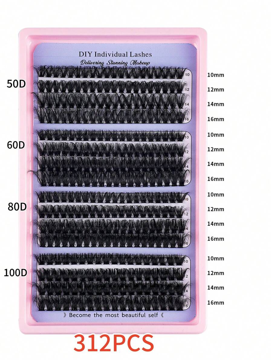 312 簇 C/D 曲率，柔软 50D+60D+80D+100D 股 0.07 毫米仿貂皮单根睫毛，10-16 毫米混合，312 件/16 个托盘，柔软自然，防水，轻盈，易于日常使用、派对或婚礼
