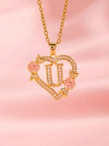 1 件心形花卉字母项链个性化心形花卉 26 个字母吊坠项链适合女孩的生日