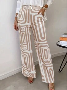 Pantalones anchos informales y elegantes con cintura elástica y estampado geométrico para mujer, para la oficina y el ocio