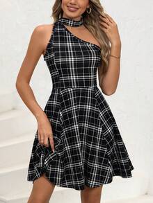 女士时尚露背不对称无袖休闲连衣裙，夏季