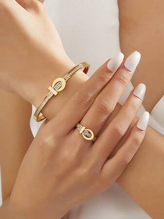 2 piezas/1 set Pulsera y anillo con baño de oro de 18K y circonita cúbica de estilo elegante de acero inoxidable, joyería para dama, regalo para boda, fiesta o cita