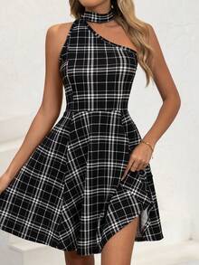 女士时尚露背不对称无袖休闲连衣裙，夏季