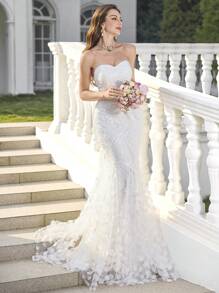 UNITHORSE 女式蕾丝拼接露肩露背优雅鱼尾婚纱礼服，新娘全白派对服装