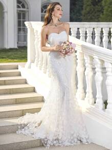 UNITHORSE UNITHORSE Women Lace Patchwork Strapless Backless Elegant Fish Tail Wedding Gown Dress,Bride, All White Party Outfit Women