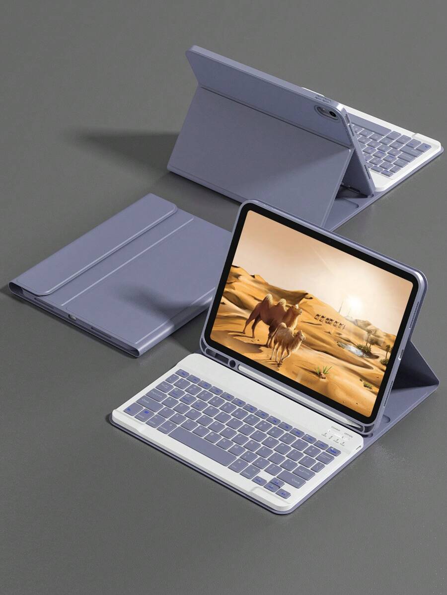 可拆卸无线蓝牙键盘保护套，兼容iPad，支持自动休眠/唤醒功能，内置150mAh电池，超薄轻巧支架，带笔槽 - 紫灰色 - 淡紫色 - 查看 1