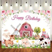 1pc Cartoon Farm Animal Barn Happy Birthday Photography Backdrop, Party Decorations, Home Decor, Indoor And Outdoor Decorations