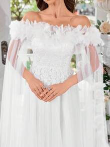 UNITHORSE 1pc Off-The-Shoulder Bell Sleeve Backless Lace Embroidery Mesh Contrast White Wedding Dress, Bride Dress, Birthday Women Outfits, Graduation Dress, Formal Dress, All White Party Outfit Women - White - View 6