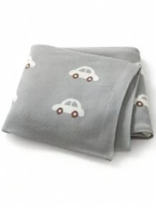 1 件针织婴儿毯，可爱汽车提花设计，适合所有季节的儿童毯 - 灰色 - 查看 1
