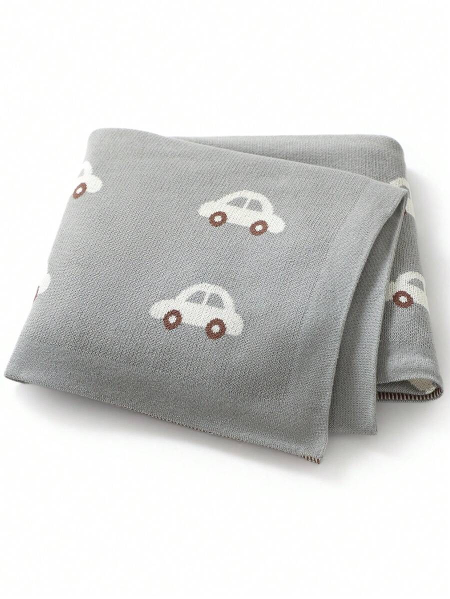 1 件针织婴儿毯，可爱汽车提花设计，适合所有季节的儿童毯 - 灰色 - 查看 1