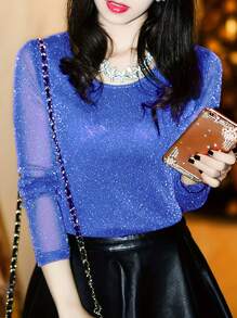 2025 Autumn/Winter New Women Long Sleeve T-Shirt, Versatile Fitted Metallic Mesh Lace Layering Top - Blue - View 5